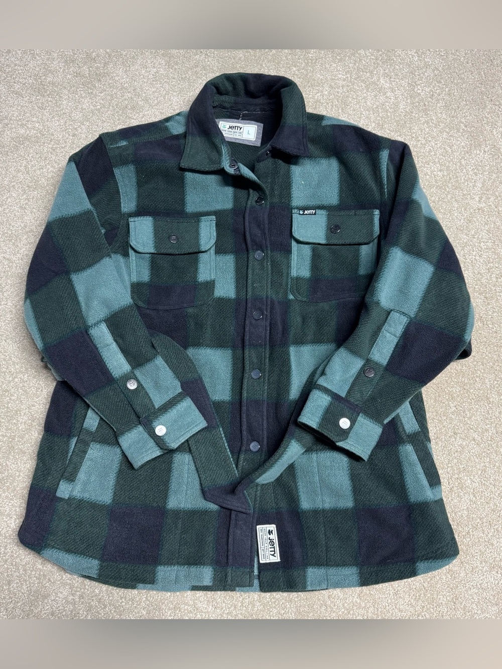 Jetty Button Down Flannel Shirt Jacket Womens Large Plaid Belted Blue Shacket